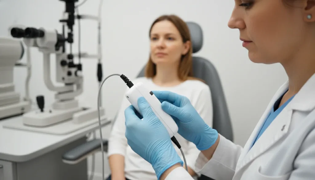 Eye care professional reviewing a corneal pachymeter in a modern ophthalmology clinic
