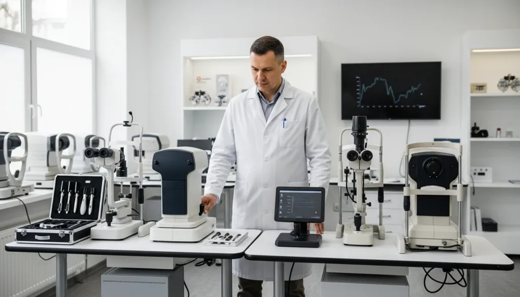Doctor comparing new and refurbished ophthalmic equipment in a professional eye care setting