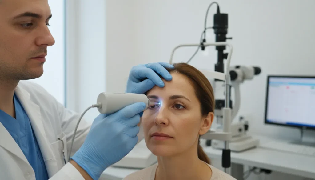 Eye care professional using a corneal pachymeter during an eye exam in a modern ophthalmology clinic